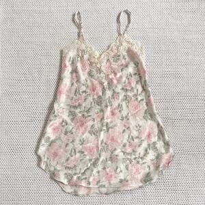 Vintage Natori 90s Pink Green Ivory Lace Trim Deep Back Mini Slip Cami Petite